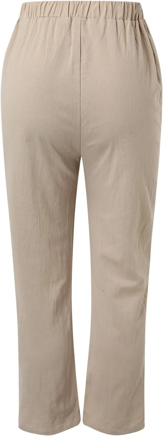 Women's Linen Summer Drawstring Pants Low Waist Wide Leg Slim-Fit Pant Trousers Trendy