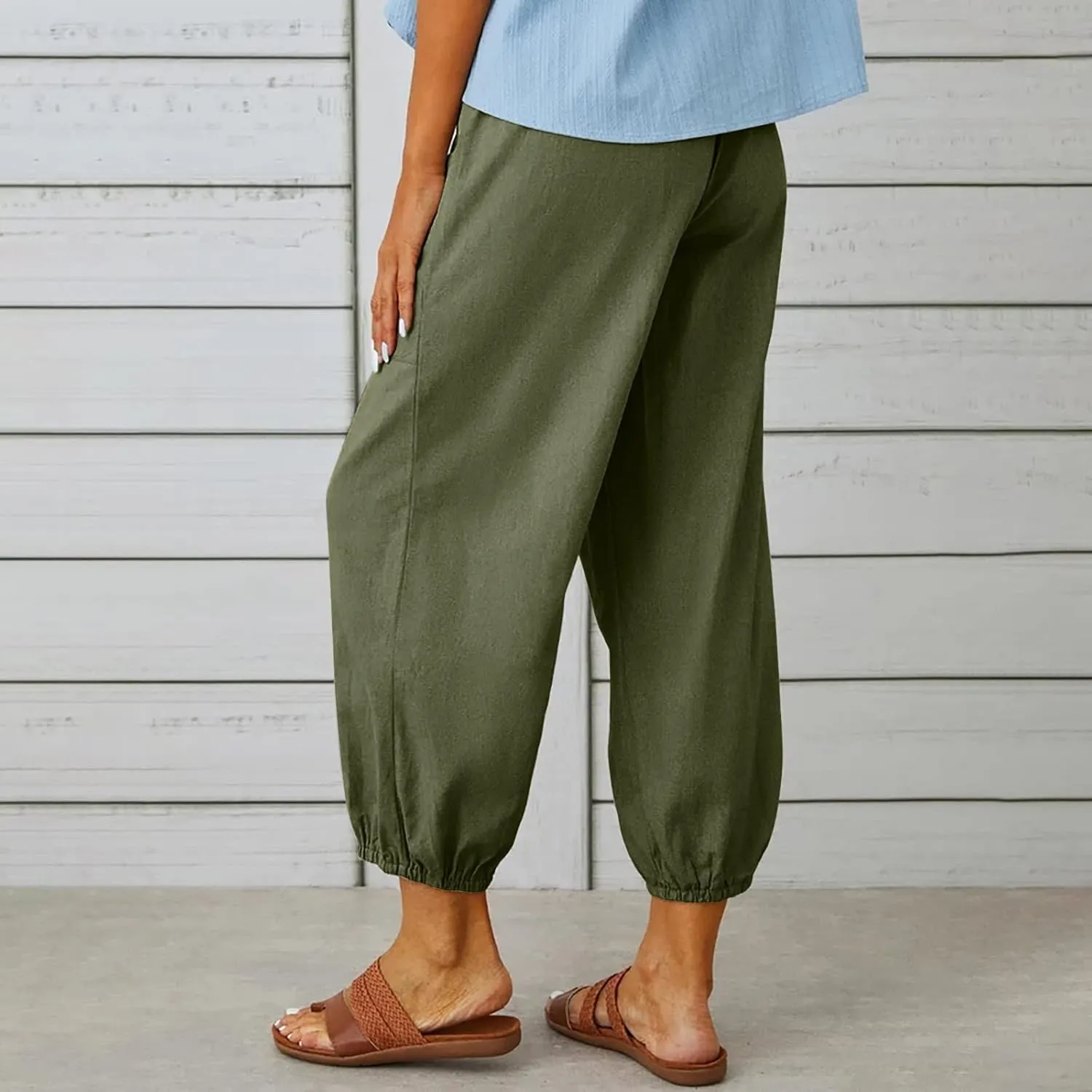 Women's Linen Summer Floral Pant Trousers High Waist Bootcut Loose Fit Palazzo Pants Office