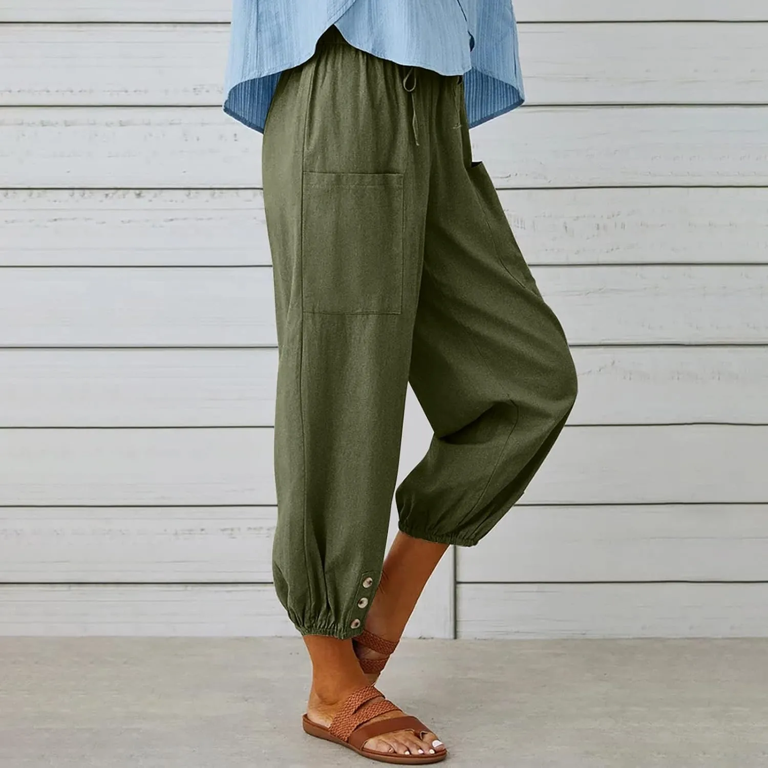 Women's Linen Summer Floral Pant Trousers High Waist Bootcut Loose Fit Palazzo Pants Office