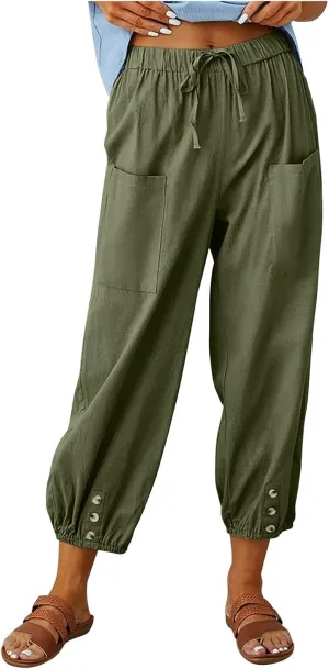 Women's Linen Summer Floral Pant Trousers High Waist Bootcut Loose Fit Palazzo Pants Office