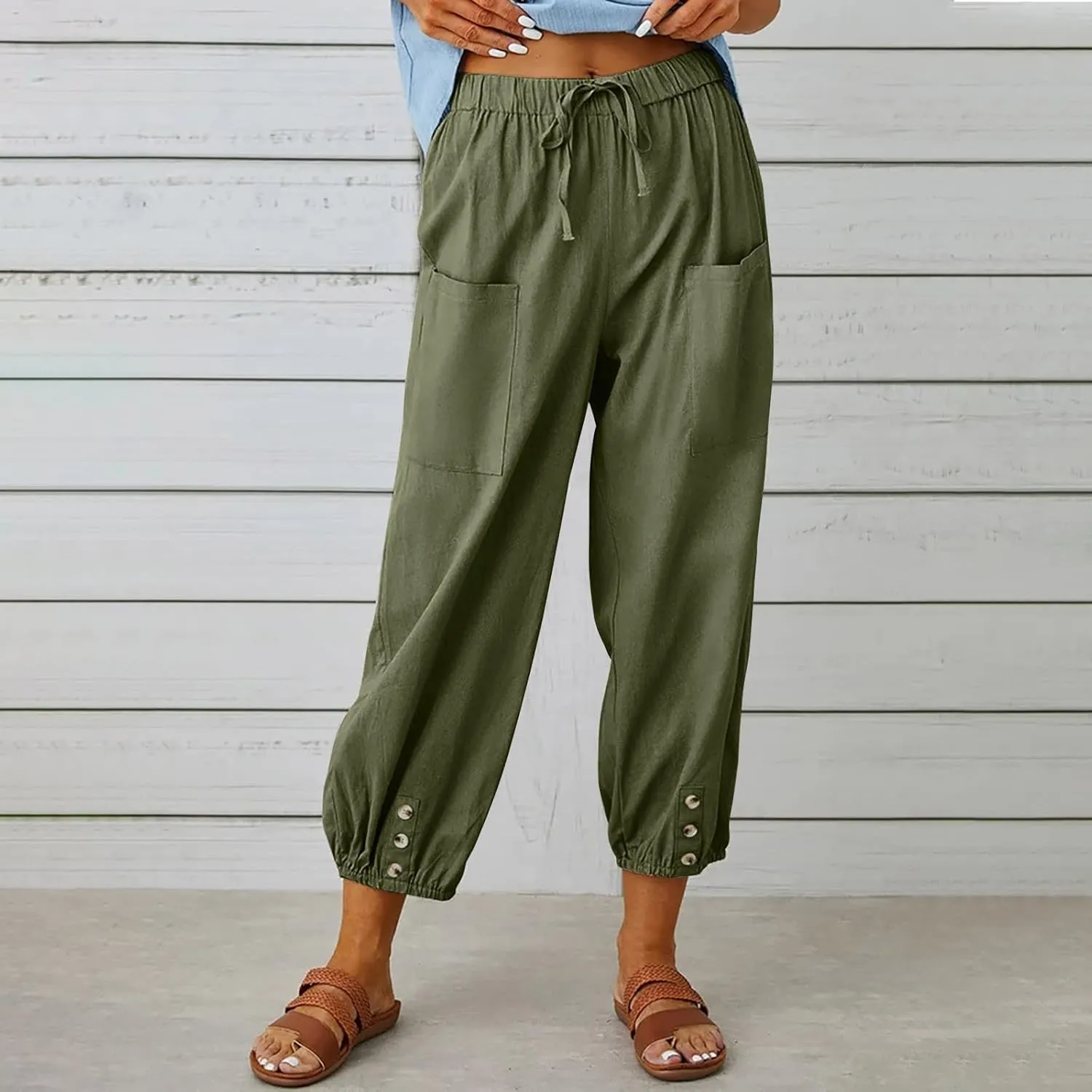 Women's Linen Summer Floral Pant Trousers High Waist Bootcut Loose Fit Palazzo Pants Office