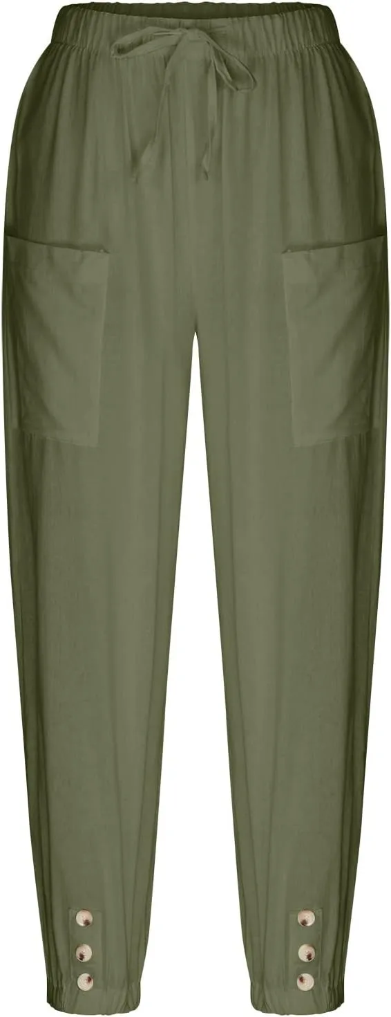 Women's Linen Summer Floral Pant Trousers High Waist Bootcut Loose Fit Palazzo Pants Office