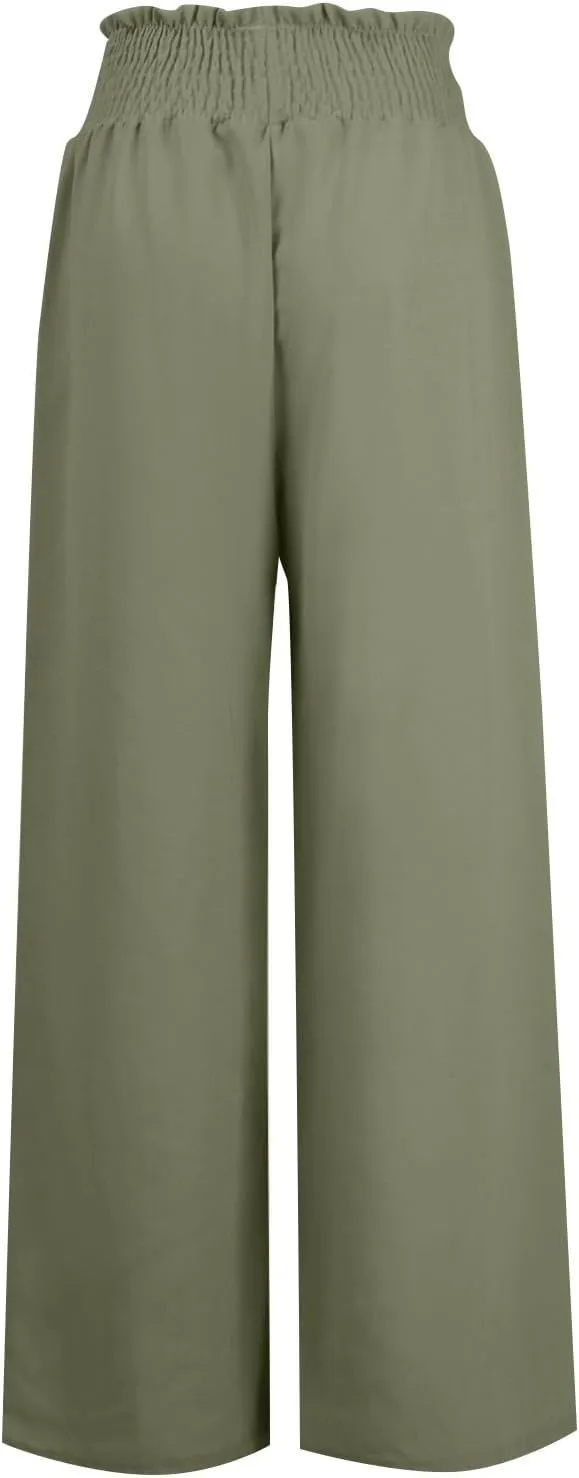 Women's Linen Summer Print Palazzo Pants Elastic Waist Lounge Pants Slim-Fit Trouser Trendy