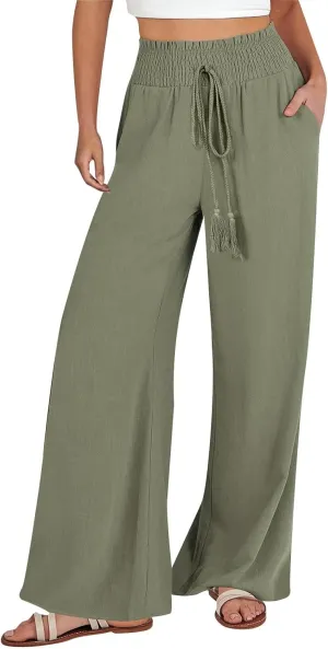 Women's Linen Summer Print Palazzo Pants Elastic Waist Lounge Pants Slim-Fit Trouser Trendy