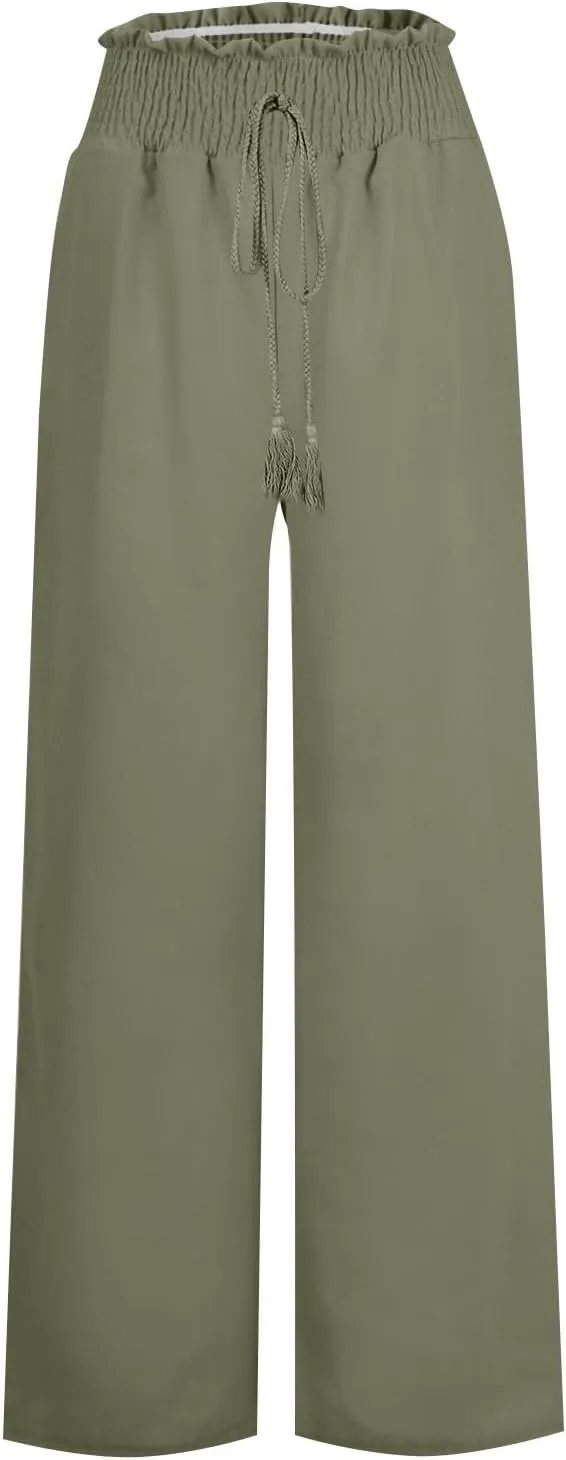 Women's Linen Summer Print Palazzo Pants Elastic Waist Lounge Pants Slim-Fit Trouser Trendy