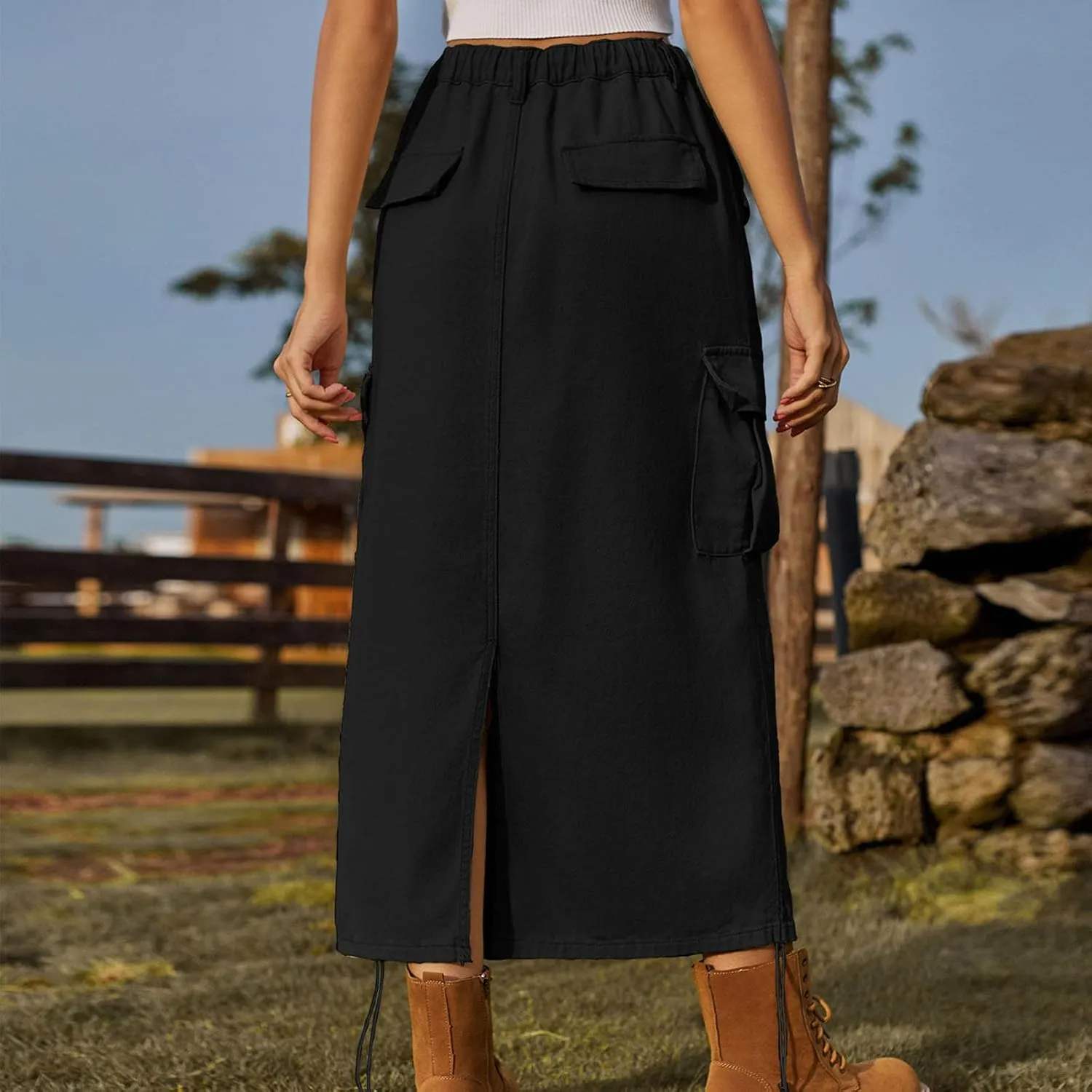 Women's Long Denim Skirt High Waist Split Jean Adjustable Drawstring A-Line Midi Y2K Cargo Skirt with Flap Pockets