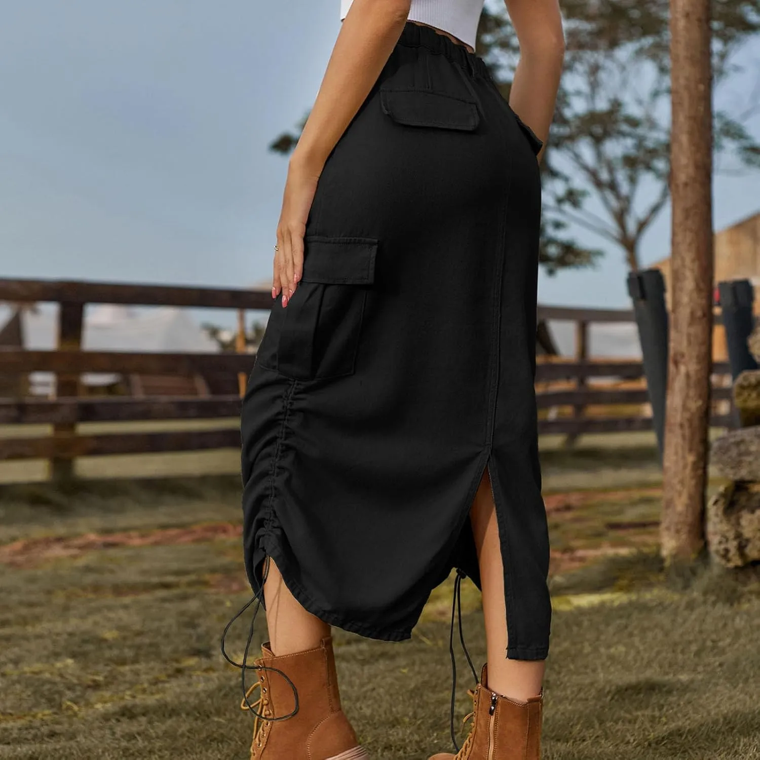 Women's Long Denim Skirt High Waist Split Jean Adjustable Drawstring A-Line Midi Y2K Cargo Skirt with Flap Pockets