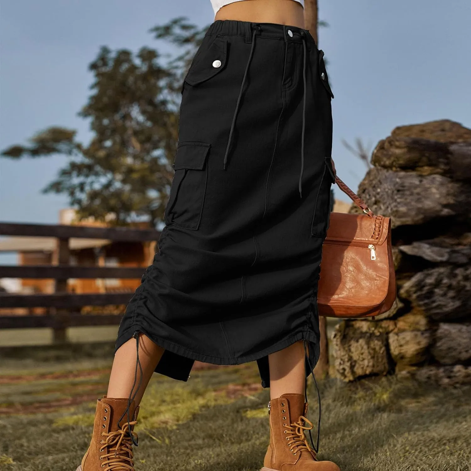Women's Long Denim Skirt High Waist Split Jean Adjustable Drawstring A-Line Midi Y2K Cargo Skirt with Flap Pockets