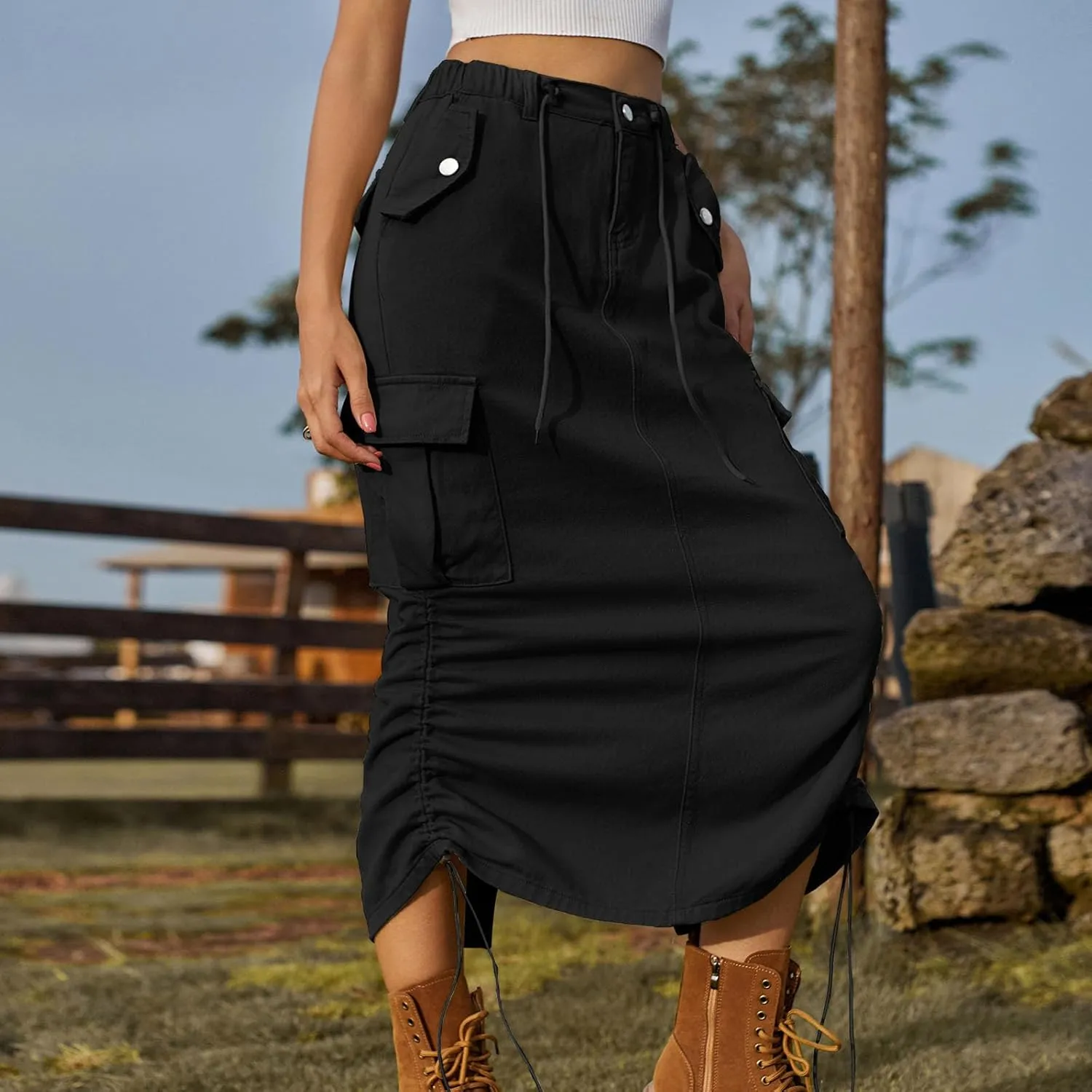 Women's Long Denim Skirt High Waist Split Jean Adjustable Drawstring A-Line Midi Y2K Cargo Skirt with Flap Pockets