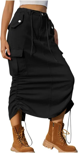 Women's Long Denim Skirt High Waist Split Jean Adjustable Drawstring A-Line Midi Y2K Cargo Skirt with Flap Pockets