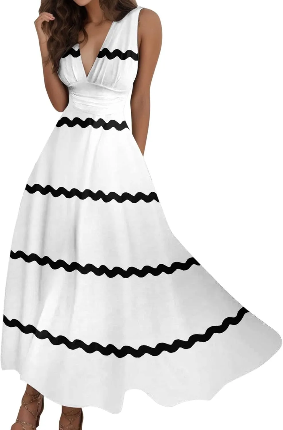 Women's Loose Fit Pleated Dresses V Neck Daily Swing Casual Ruffle 2025 Short Sleeve Fashion Drawstring Floral Dress