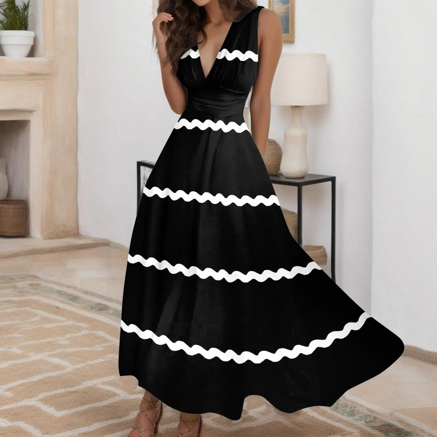 Women's Loose Fit Pleated Dresses V Neck Daily Swing Casual Ruffle 2025 Short Sleeve Fashion Drawstring Floral Dress