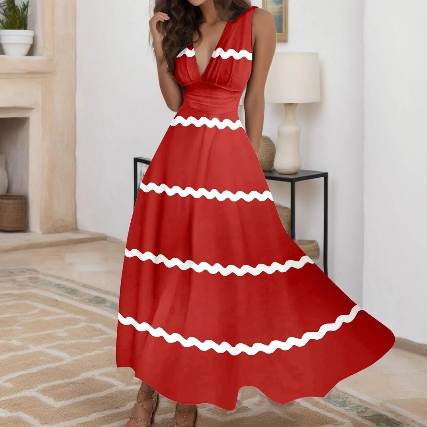 Women's Loose Fit Pleated Dresses V Neck Daily Swing Casual Ruffle 2025 Short Sleeve Fashion Drawstring Floral Dress