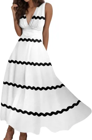 Women's Loose Fit Pleated Dresses V Neck Daily Swing Casual Ruffle 2025 Short Sleeve Fashion Drawstring Floral Dress