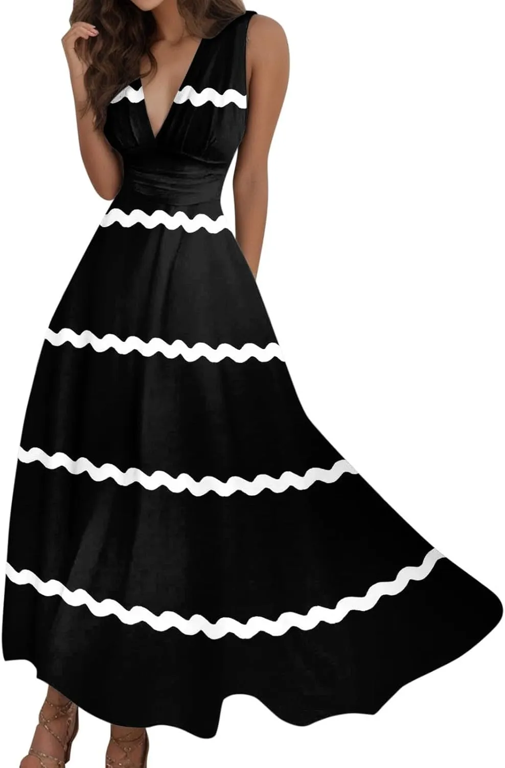 Women's Loose Fit Pleated Dresses V Neck Daily Swing Casual Ruffle 2025 Short Sleeve Fashion Drawstring Floral Dress