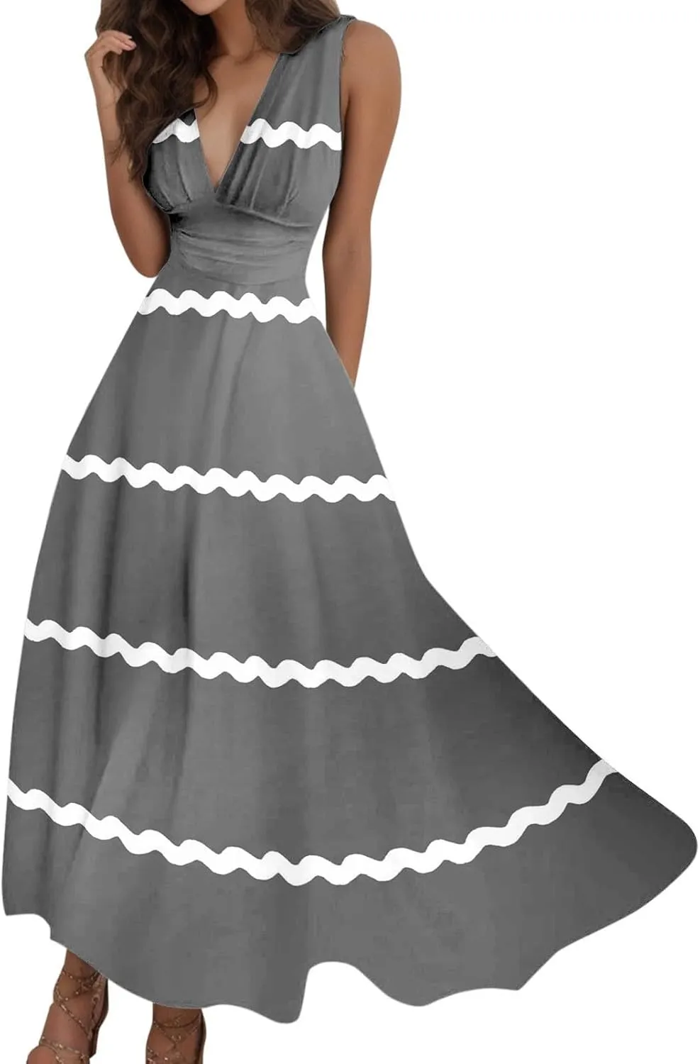 Women's Loose Fit Pleated Dresses V Neck Daily Swing Casual Ruffle 2025 Short Sleeve Fashion Drawstring Floral Dress