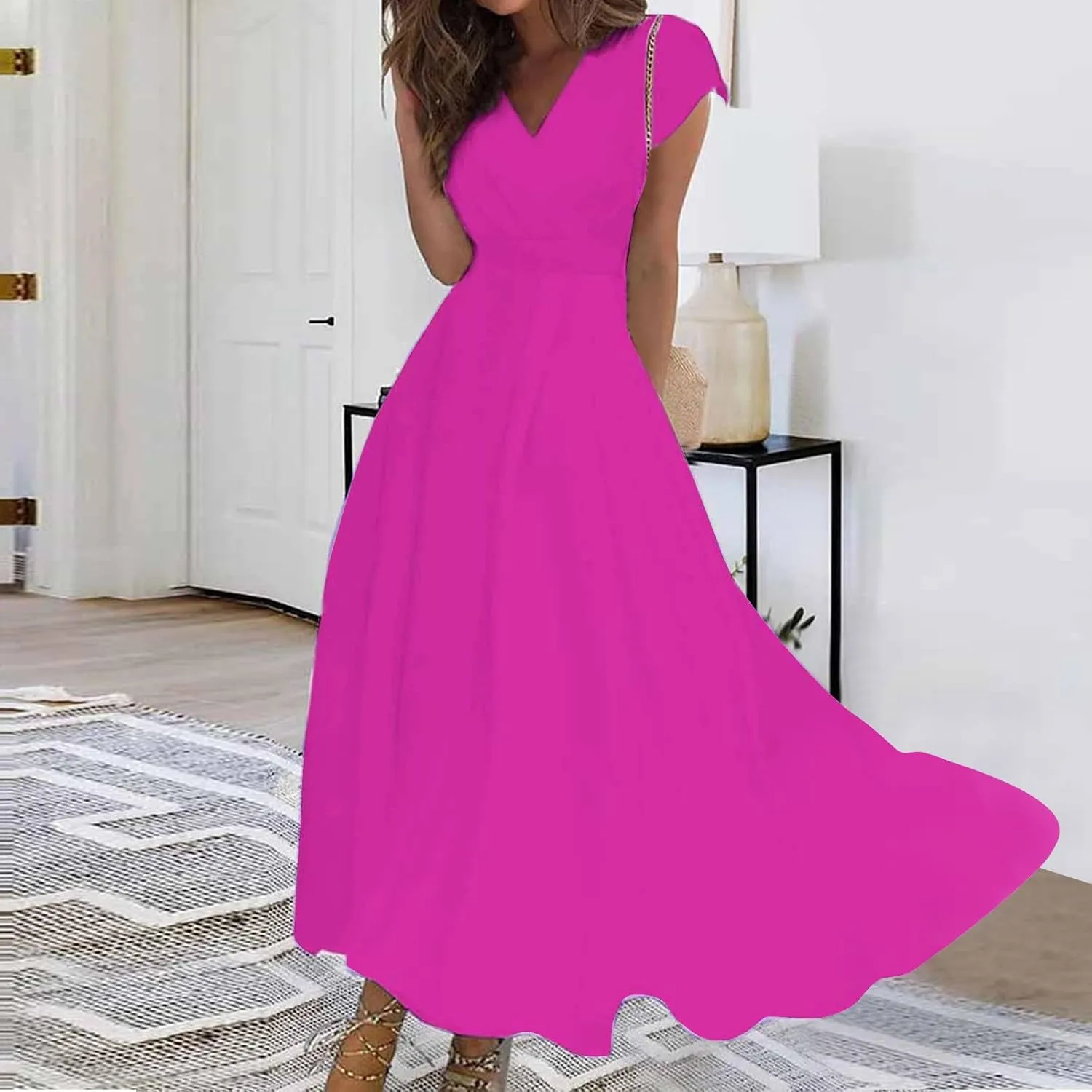 Women's Loose Fit Pleated Dresses V Neck Daily Swing Casual Ruffle 2025 Short Sleeve Fashion Drawstring Floral Dress