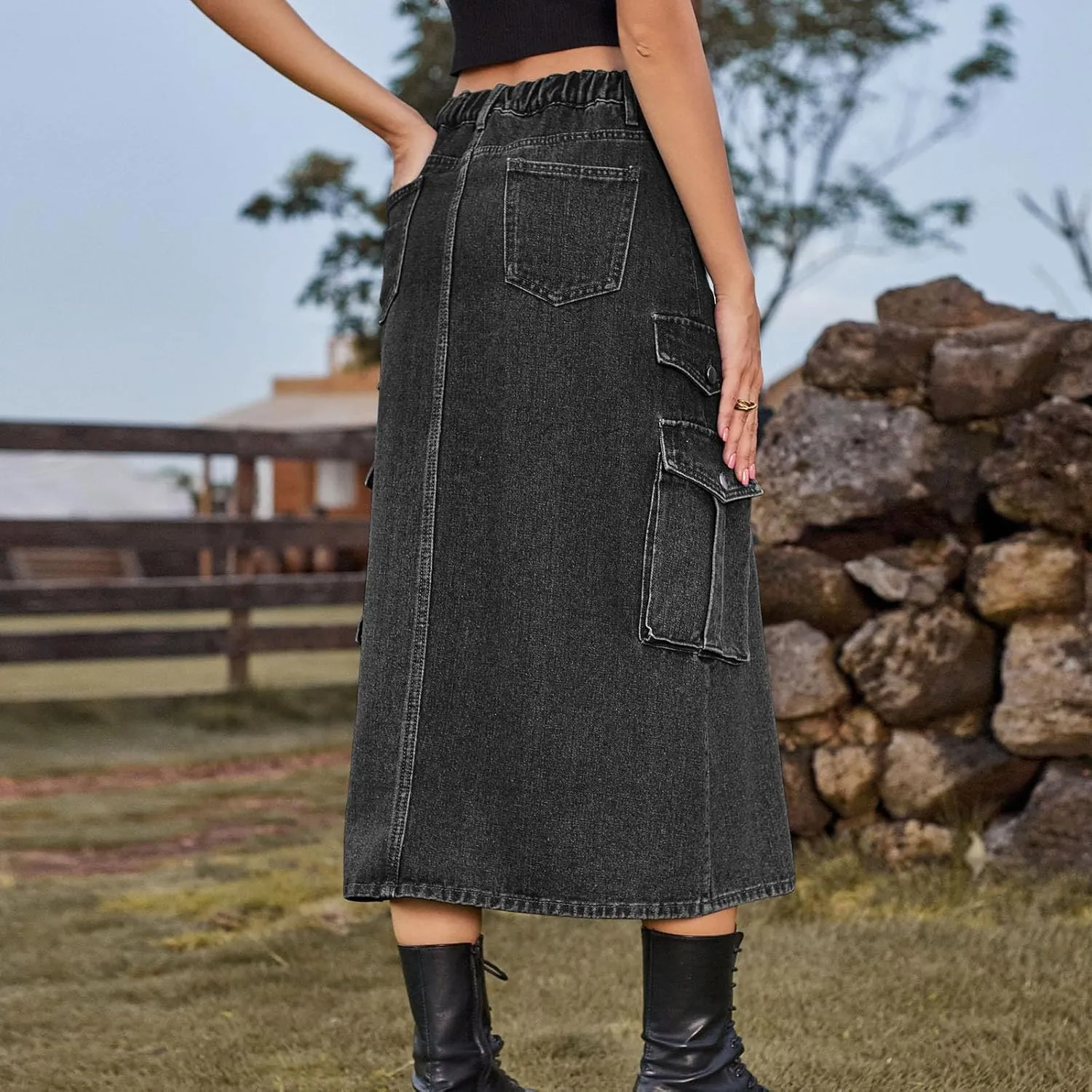 Women's Maxi Long Denim Skirt High Waist Split Casual Side Flap Pocket A-Line Twill Skirt Classic Midi Jean Skirt