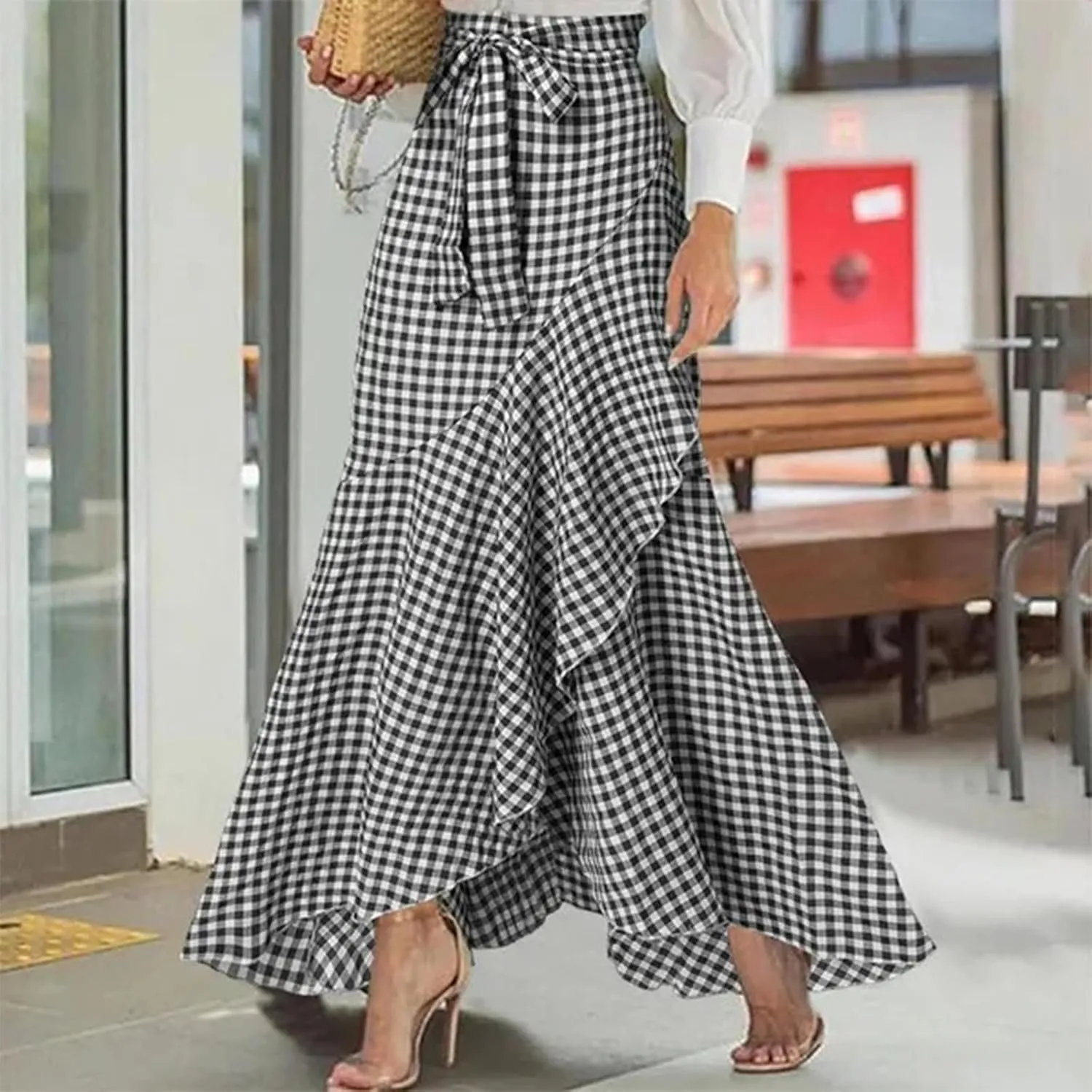 Women's Mermaid Maxi Skirt Summer Fashion Tie Waist Irregular Ruffle Hem Beach Skirts Casual Wrap Party Long Skorts