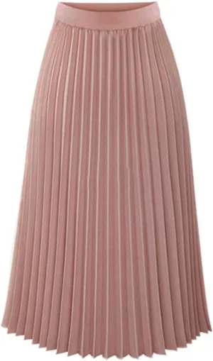 Womens Midi Length Pleated Skirt Solid Color High Waisted Elegant A-Line Skirts Casual Summer Skirt