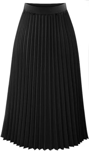 Womens Midi Length Pleated Skirt Solid Color High Waisted Elegant A-Line Skirts Casual Summer Skirt