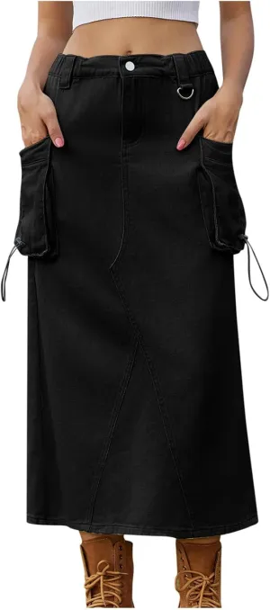 Women's Military Denim Skirt Casual Elastic High Waist Split Midi Bodycon Cargo Jean Skirt with Side Two Pockets