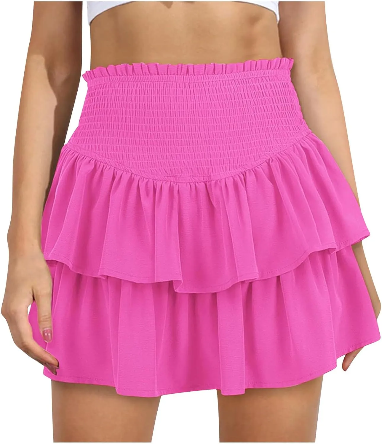 Women's Mini Skirt Elastic High Waist Pleated Skirt Double Layered Ruffle Short Skirt Cute Tiered Sports Skirt