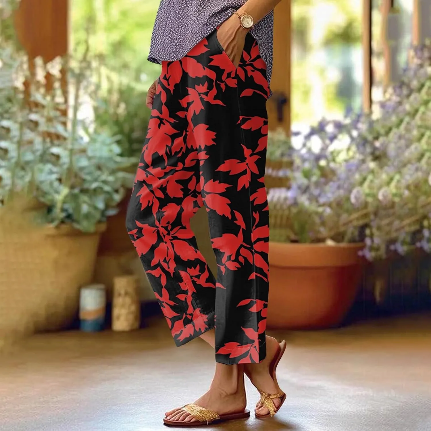 Womens Pants Boho Floral Linen Pants Elastic Waisted Casual Cotton Linen Drawstring Summer Beach Vacation Trouser
