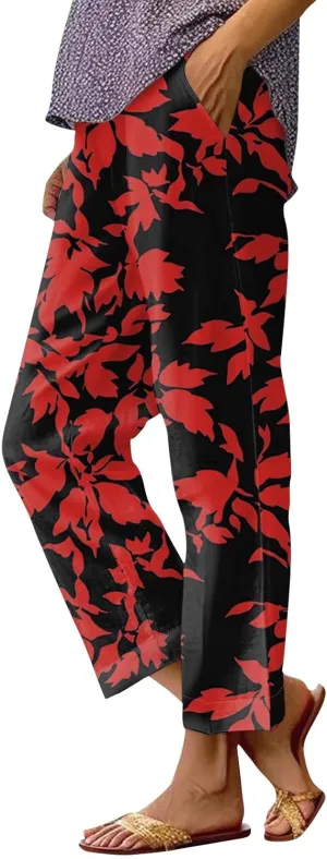 Womens Pants Boho Floral Linen Pants Elastic Waisted Casual Cotton Linen Drawstring Summer Beach Vacation Trouser