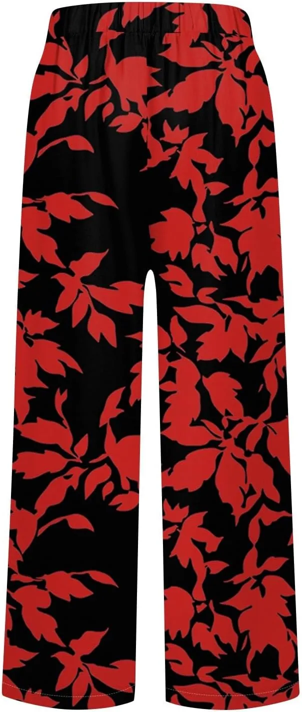 Womens Pants Boho Floral Linen Pants Elastic Waisted Casual Cotton Linen Drawstring Summer Beach Vacation Trouser