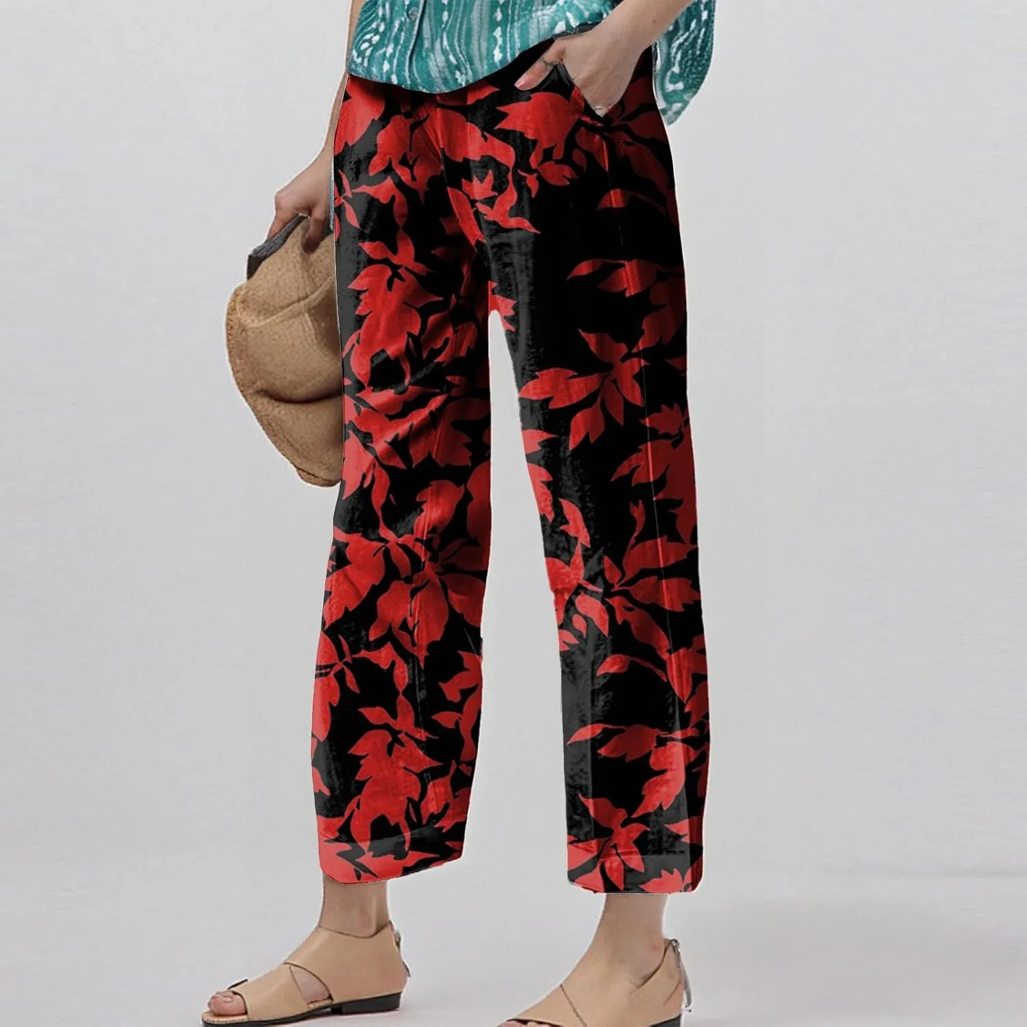 Womens Pants Boho Floral Linen Pants Elastic Waisted Casual Cotton Linen Drawstring Summer Beach Vacation Trouser