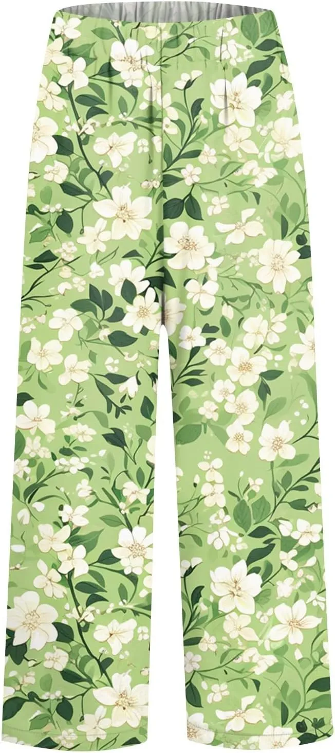 Womens Pants Casual Boho Floral Print Cotton Linen Pants Elastic Waisted Summer Beach Vacation Trouser with Pockets