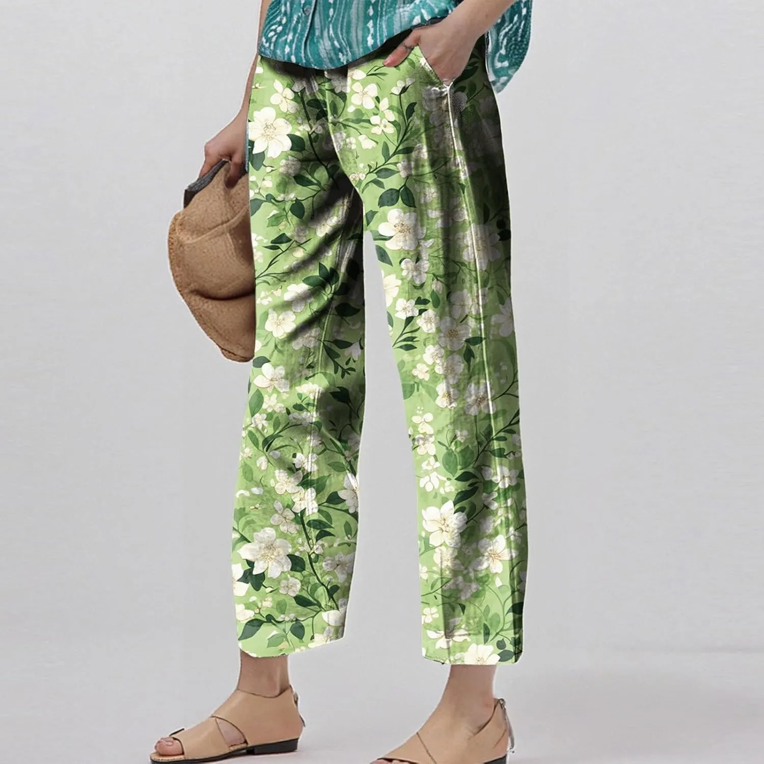 Womens Pants Casual Boho Floral Print Cotton Linen Pants Elastic Waisted Summer Beach Vacation Trouser with Pockets