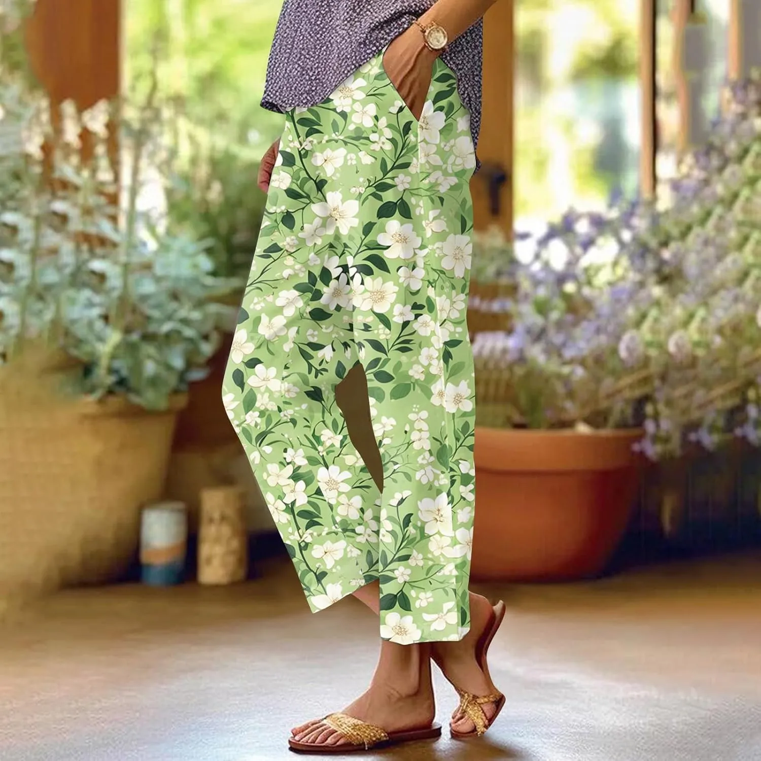 Womens Pants Casual Boho Floral Print Cotton Linen Pants Elastic Waisted Summer Beach Vacation Trouser with Pockets