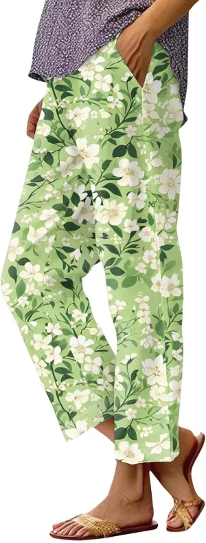 Womens Pants Casual Boho Floral Print Cotton Linen Pants Elastic Waisted Summer Beach Vacation Trouser with Pockets