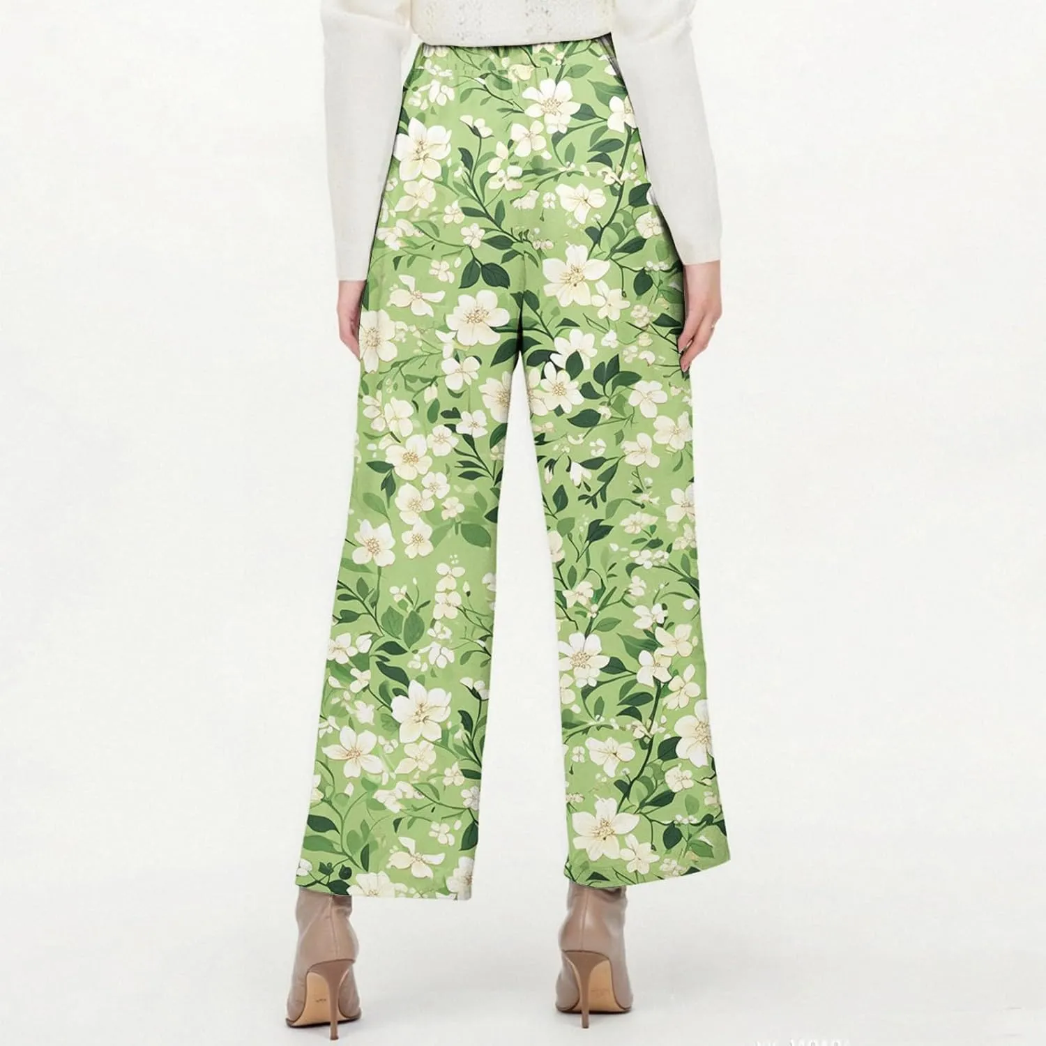 Womens Pants Casual Boho Floral Print Cotton Linen Pants Elastic Waisted Summer Beach Vacation Trouser with Pockets