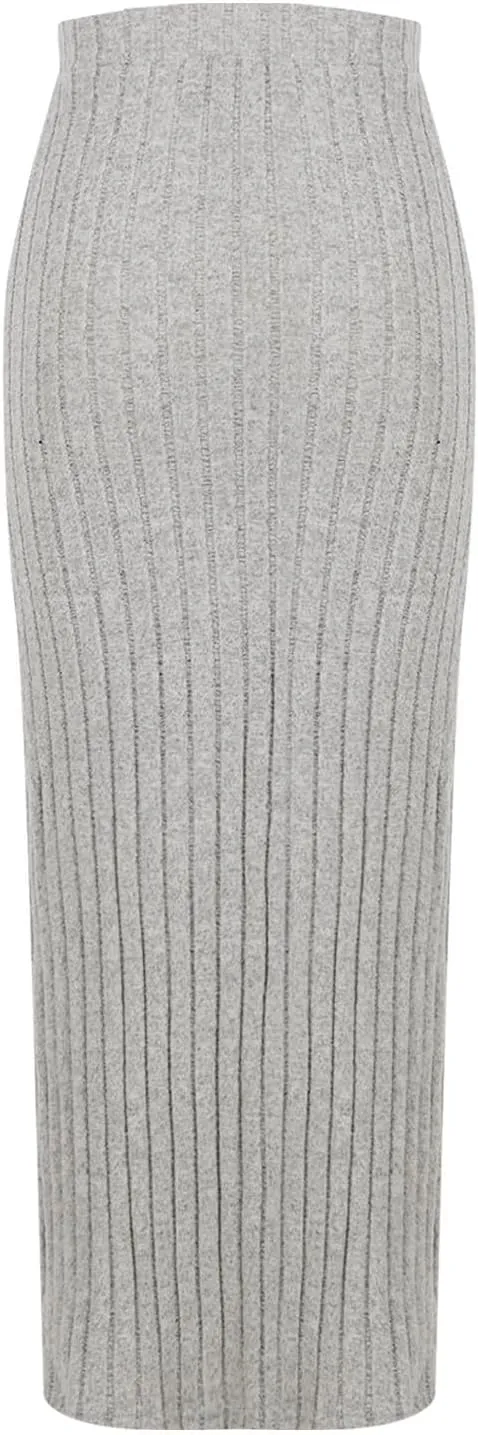 Women's Plus Size High Waisted Midi Skirt Solid Elastic Waistband Side Slit A Line Casual Knit Skirts for Women