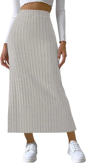 Women's Plus Size High Waisted Midi Skirt Solid Elastic Waistband Side Slit A Line Casual Knit Skirts for Women