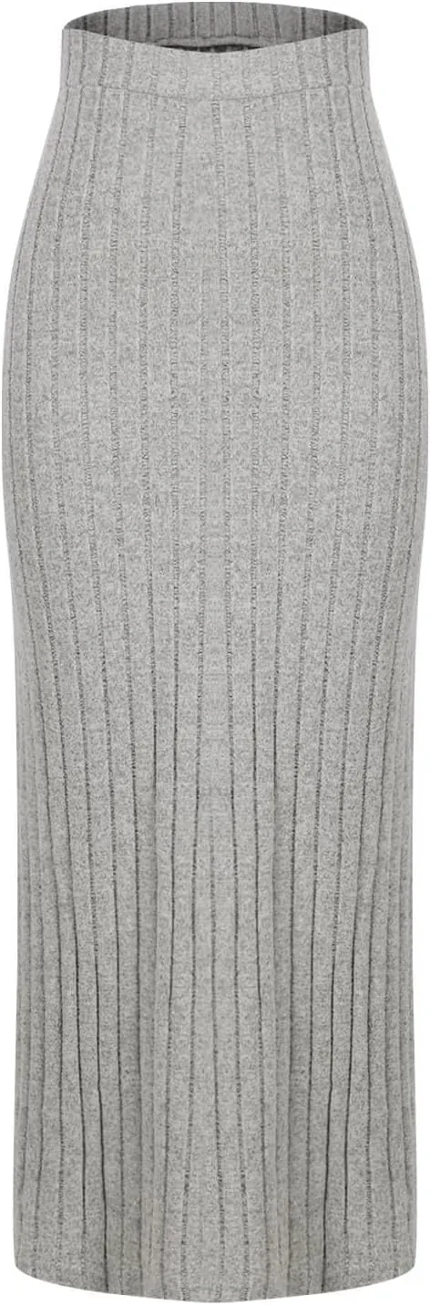 Women's Plus Size High Waisted Midi Skirt Solid Elastic Waistband Side Slit A Line Casual Knit Skirts for Women