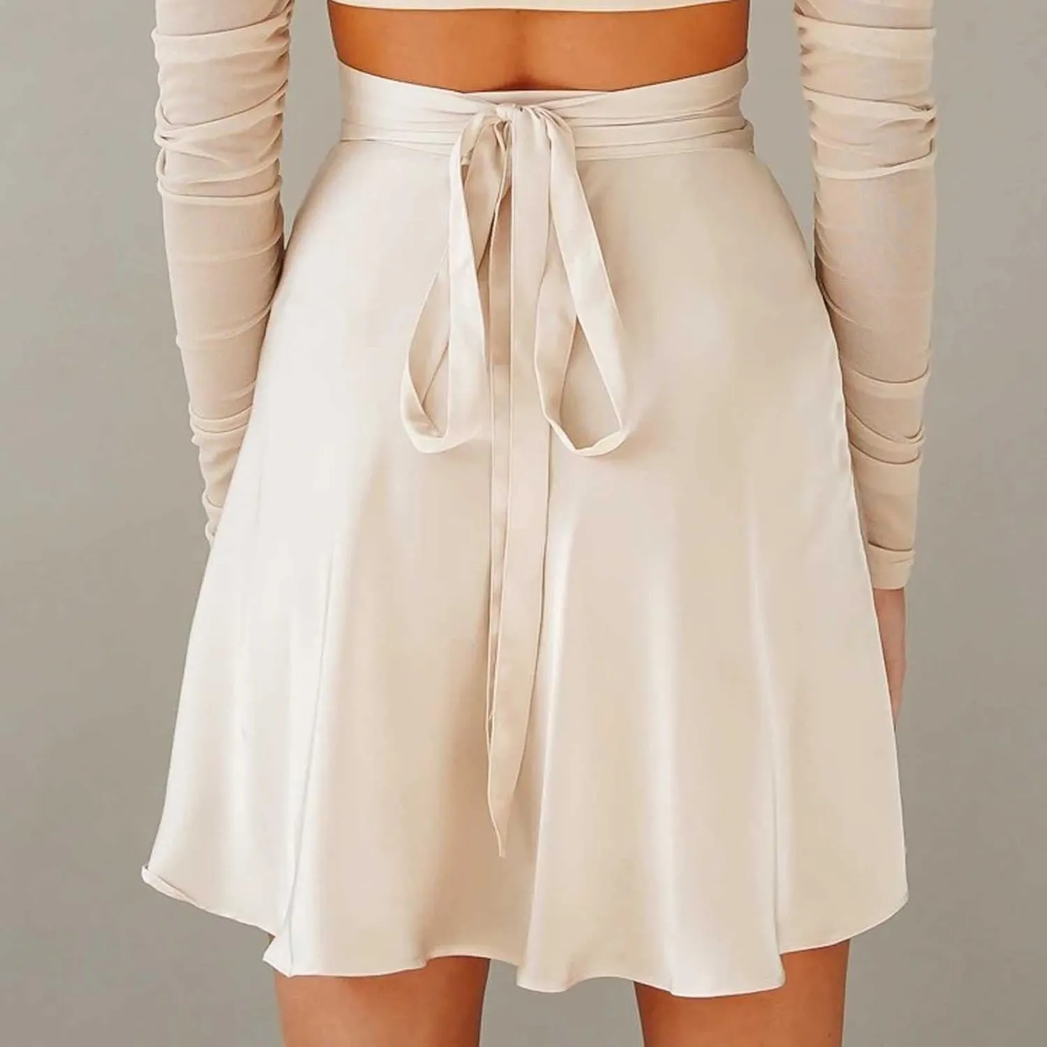 Women's Silky Satin Mini Short Skirt High Waist Bow Tie Wrap Around A Line Skirts Casual Solid Flowy Summer Skirt