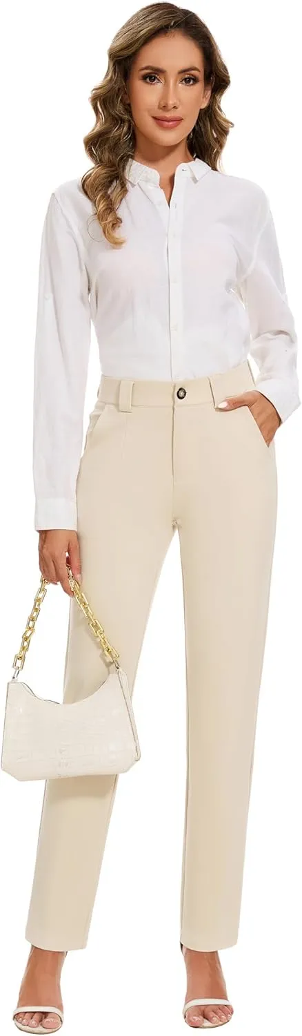 Women's Stretch Business Straight Leg Dress Pants with Pockets Wear to Work Casual Suitpants