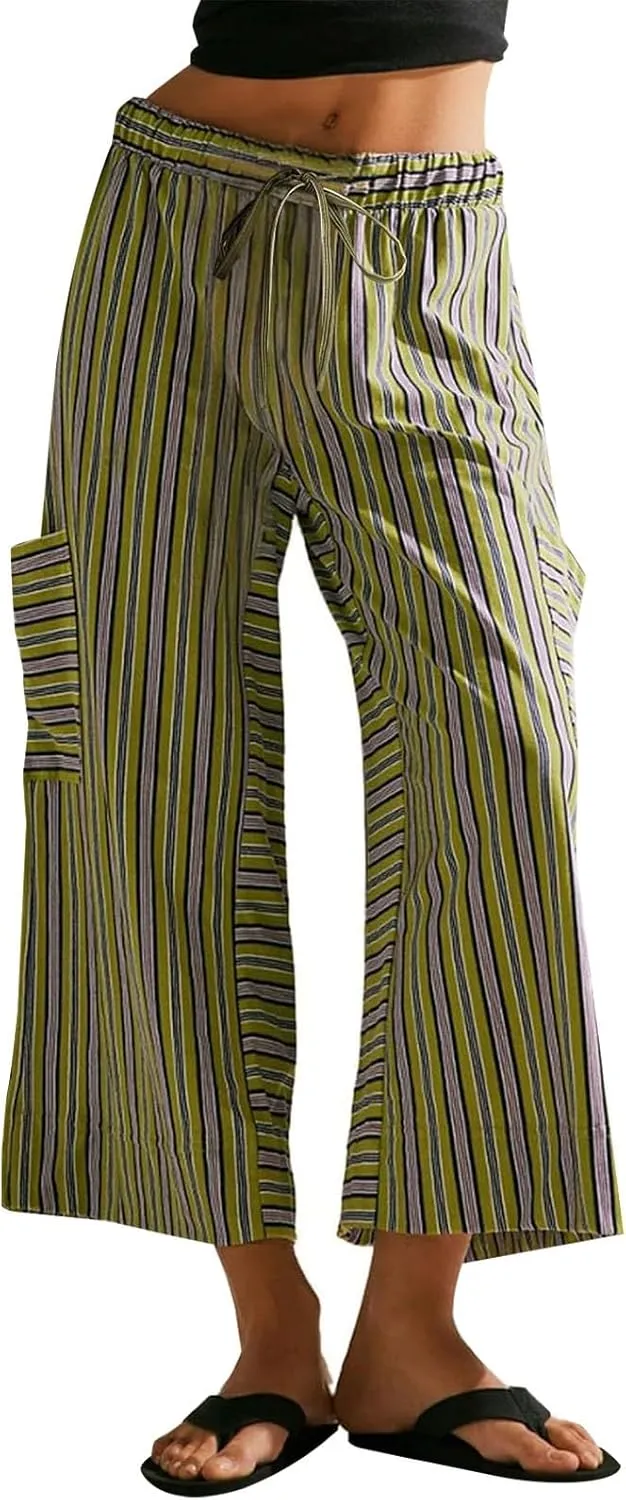 Women's Striped Cotton Linen Wide Leg Pants Summer Casual Comfy Pants Side Pockets 2025 Drawstring Elastic Waist Trousers
