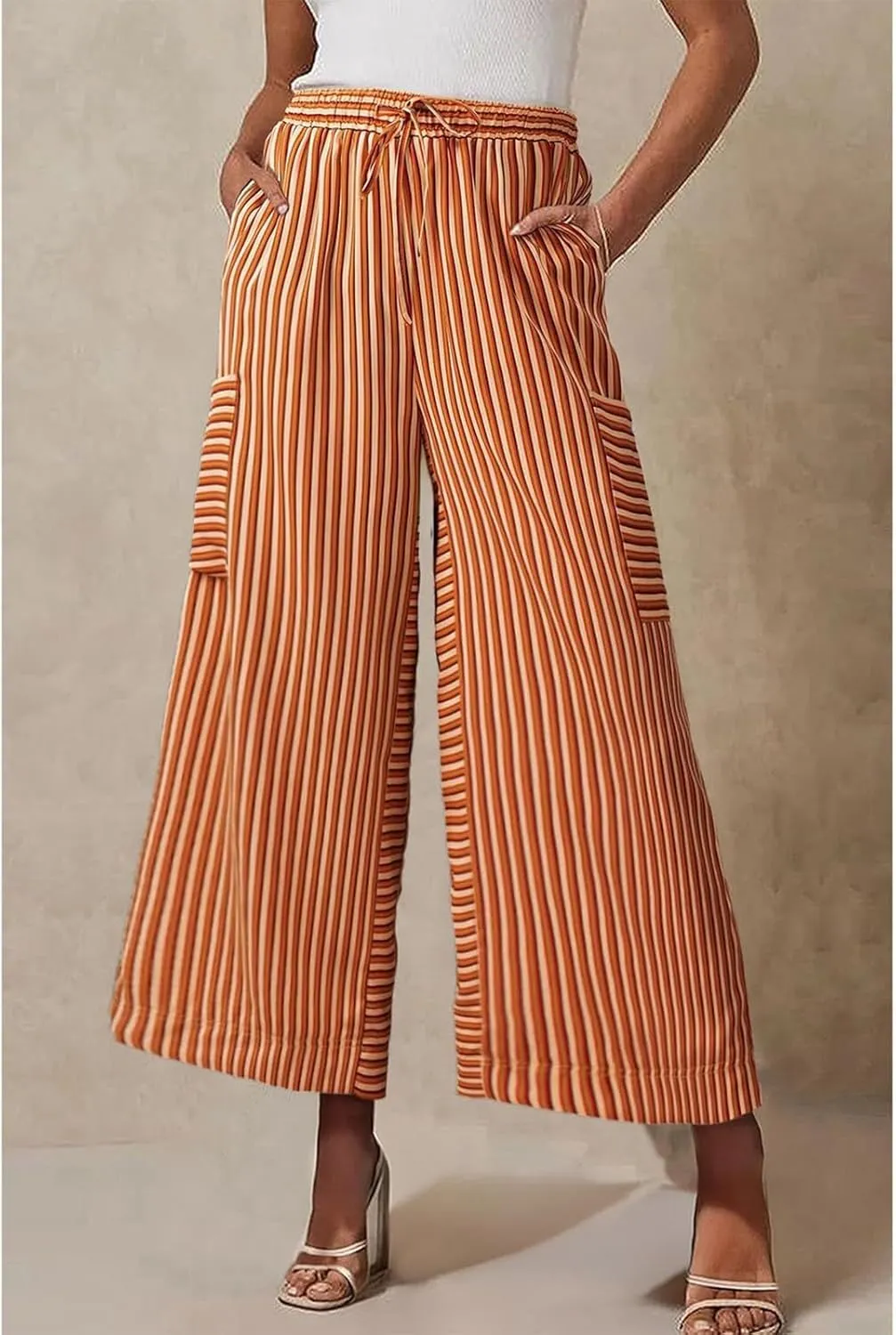 Women's Striped Cotton Linen Wide Leg Pants Summer Casual Comfy Pants Side Pockets 2025 Drawstring Elastic Waist Trousers