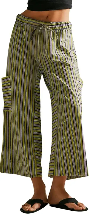 Women's Striped Cotton Linen Wide Leg Pants Summer Casual Comfy Pants Side Pockets 2025 Drawstring Elastic Waist Trousers