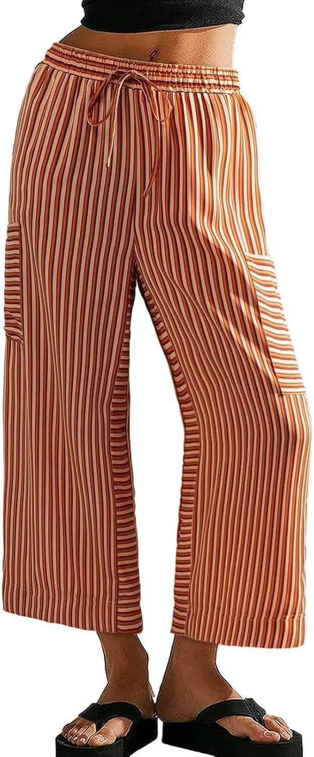 Women's Striped Cotton Linen Wide Leg Pants Summer Casual Comfy Pants Side Pockets 2025 Drawstring Elastic Waist Trousers