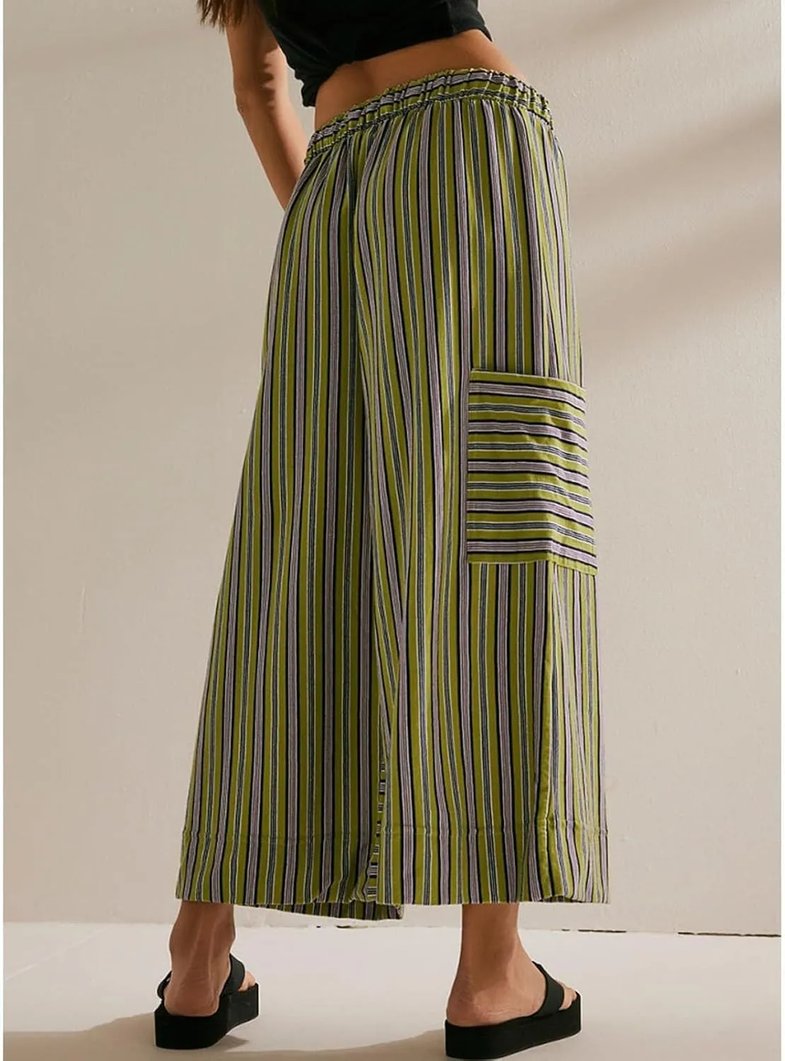 Women's Striped Cotton Linen Wide Leg Pants Summer Casual Comfy Pants Side Pockets 2025 Drawstring Elastic Waist Trousers