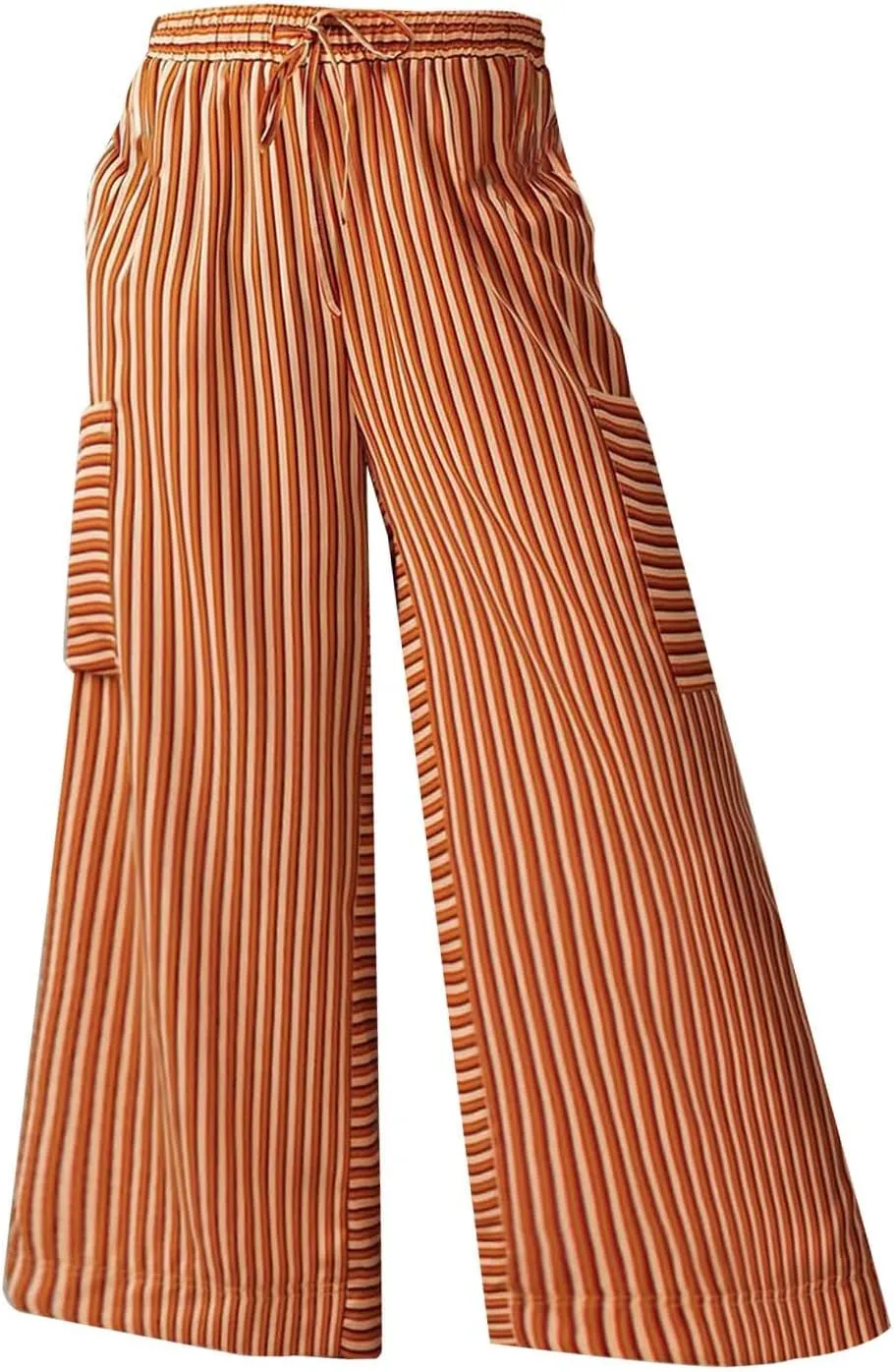 Women's Striped Cotton Linen Wide Leg Pants Summer Casual Comfy Pants Side Pockets 2025 Drawstring Elastic Waist Trousers
