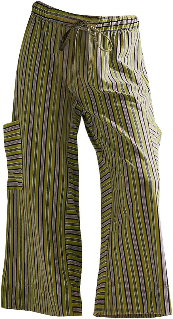 Women's Striped Cotton Linen Wide Leg Pants Summer Casual Comfy Pants Side Pockets 2025 Drawstring Elastic Waist Trousers