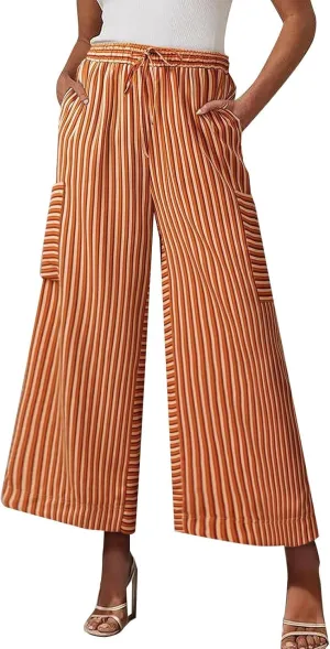 Women's Striped Cotton Linen Wide Leg Pants Summer Casual Comfy Pants Side Pockets 2025 Drawstring Elastic Waist Trousers