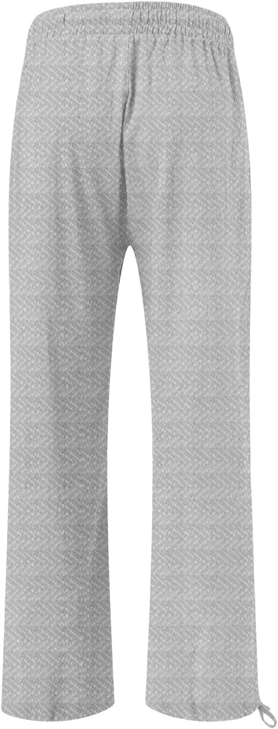 Women's Striped Cotton Linen Wide Leg Pants Summer Casual Comfy Pants with Pockets 2025 Drawstring Elastic Waist Trousers